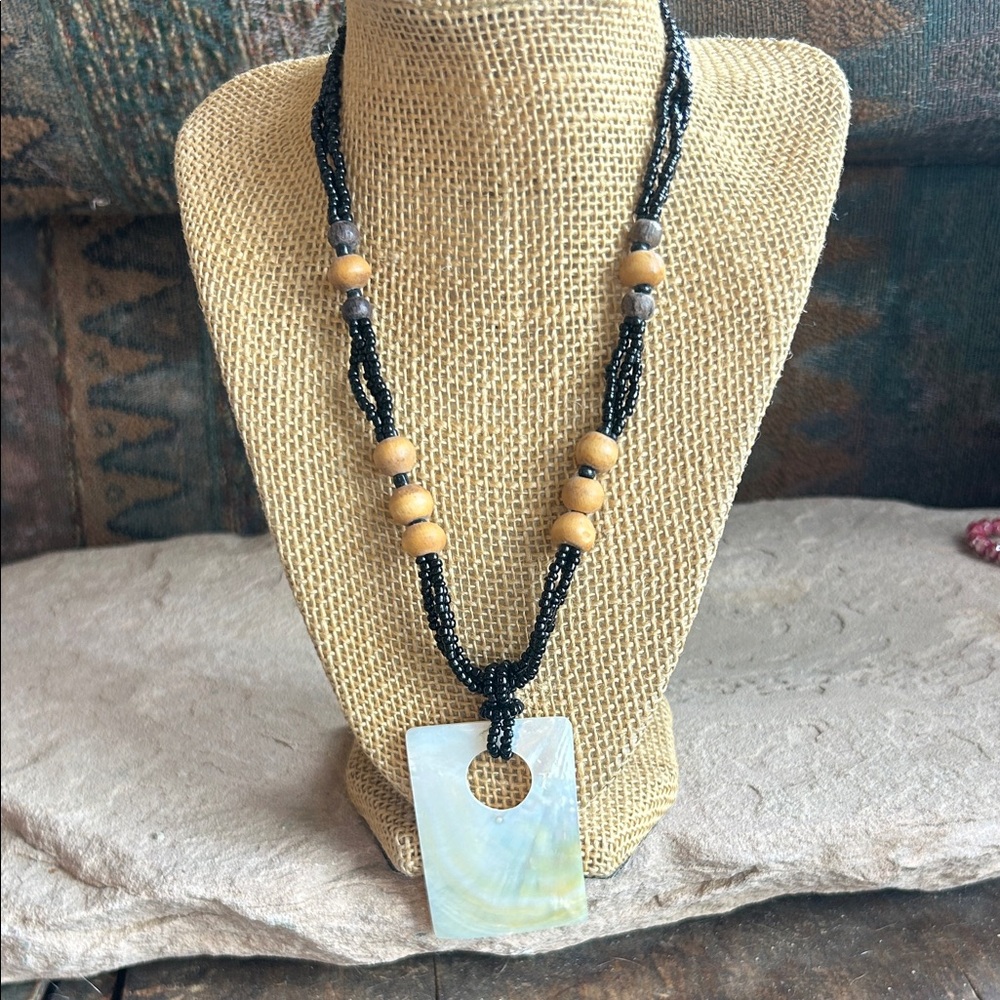 Mother of Pearl, glass seed bead and Wood bead Artisan Beaded Necklace